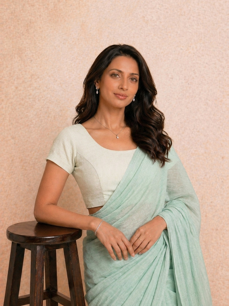Tiasa | Short Sleeves Eggshell White Rayon Lycra StretchFit™ Saree Blouse-Binks