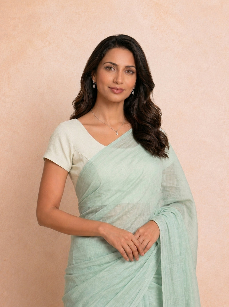 Tiasa | Short Sleeves Eggshell White Rayon Lycra StretchFit™ Saree Blouse-Binks