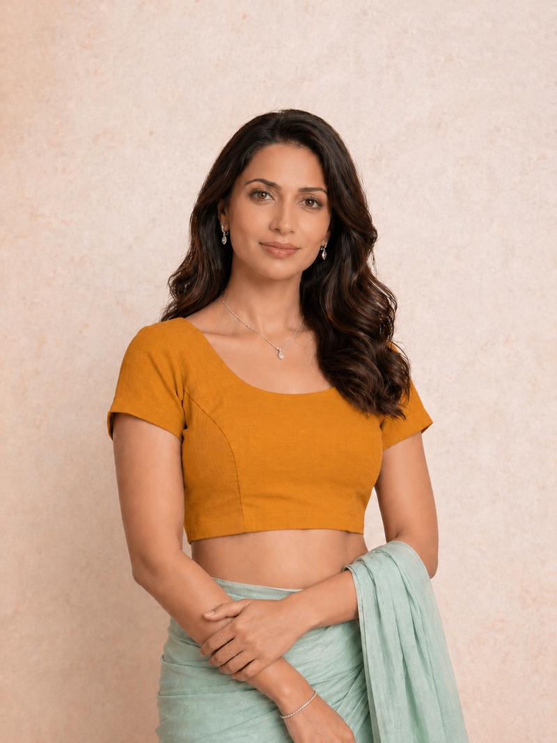 Tiasa | Short Sleeves Marigold Orange Rayon Lycra StretchFit™ Saree Blouse-Binks