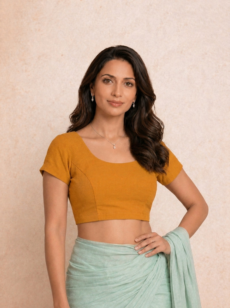 Tiasa | Short Sleeves Marigold Orange Rayon Lycra StretchFit™ Saree Blouse-Binks