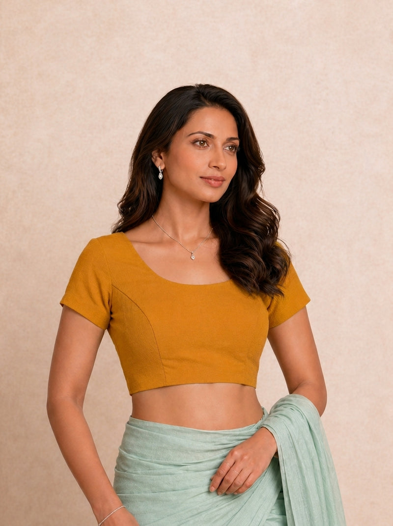 Tiasa | Short Sleeves Marigold Orange Rayon Lycra StretchFit™ Saree Blouse-Binks