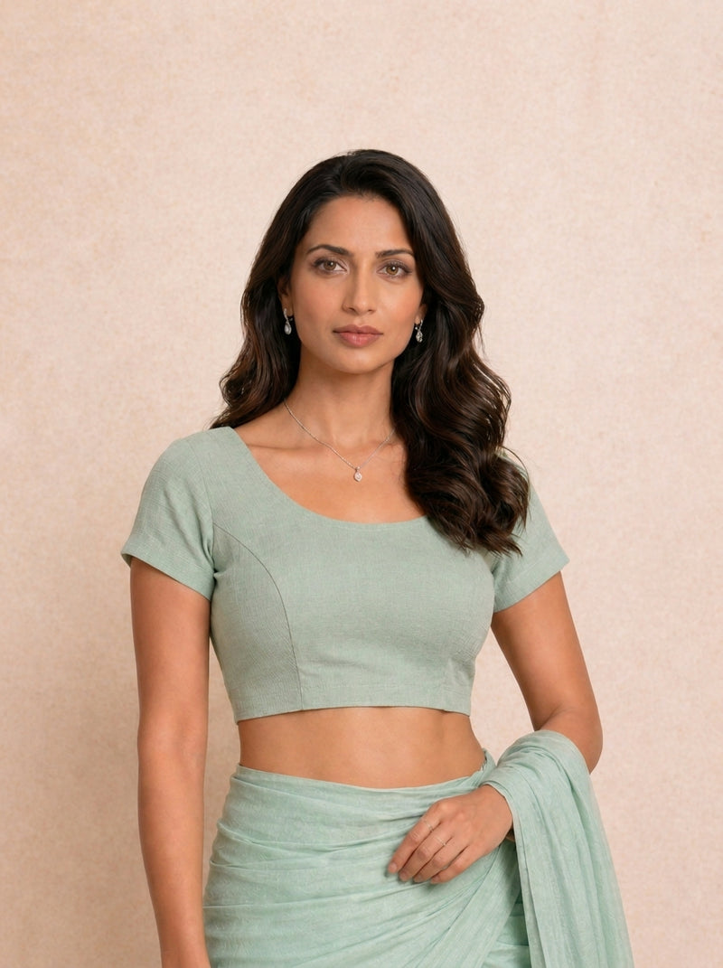 Tiasa | Short Sleeves Sage Green Rayon Lycra StretchFit™ Saree Blouse-Binks