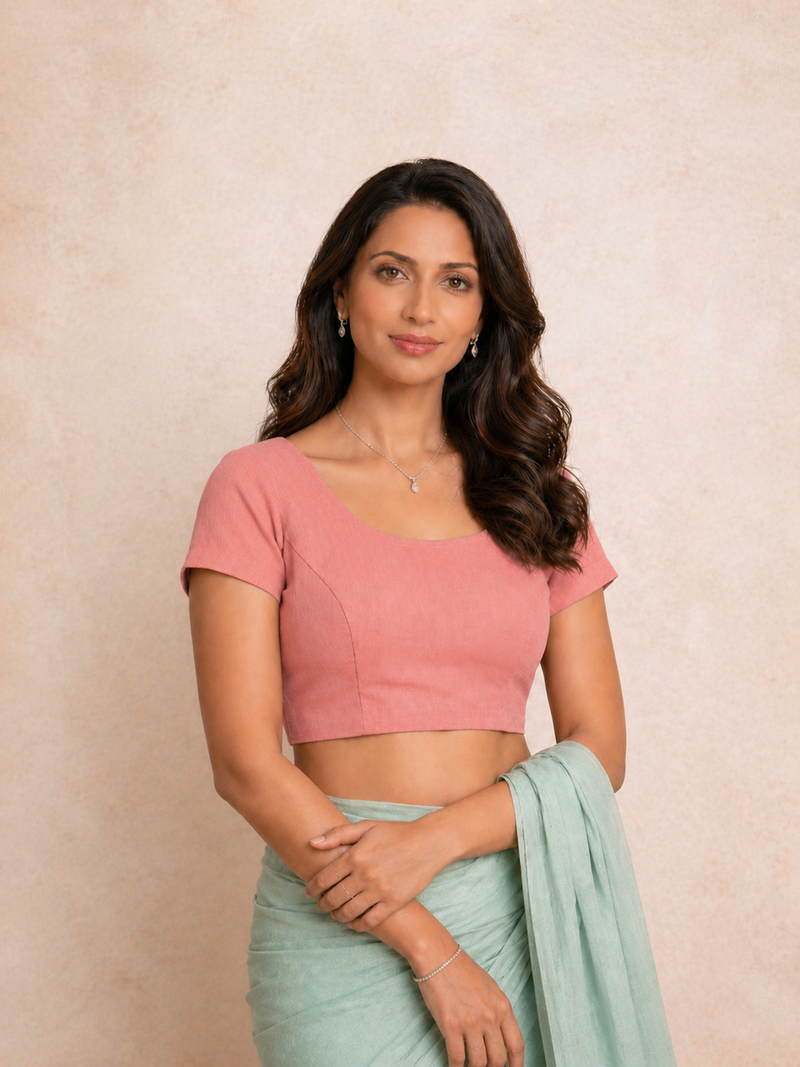 Tiasa | Short Sleeves Salmon Pink Rayon Lycra StretchFit™ Saree Blouse-Binks