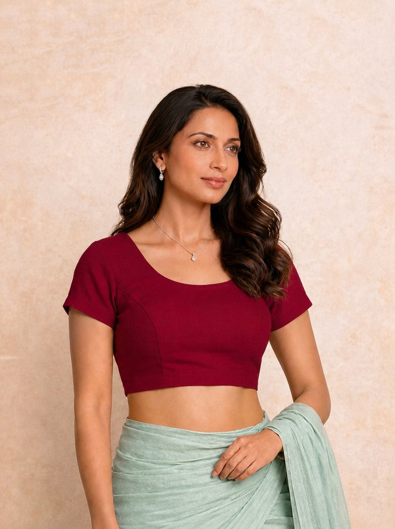 Tiasa | Short Sleeves Scarlet Red Rayon Lycra StretchFit™ Saree Blouse-Binks
