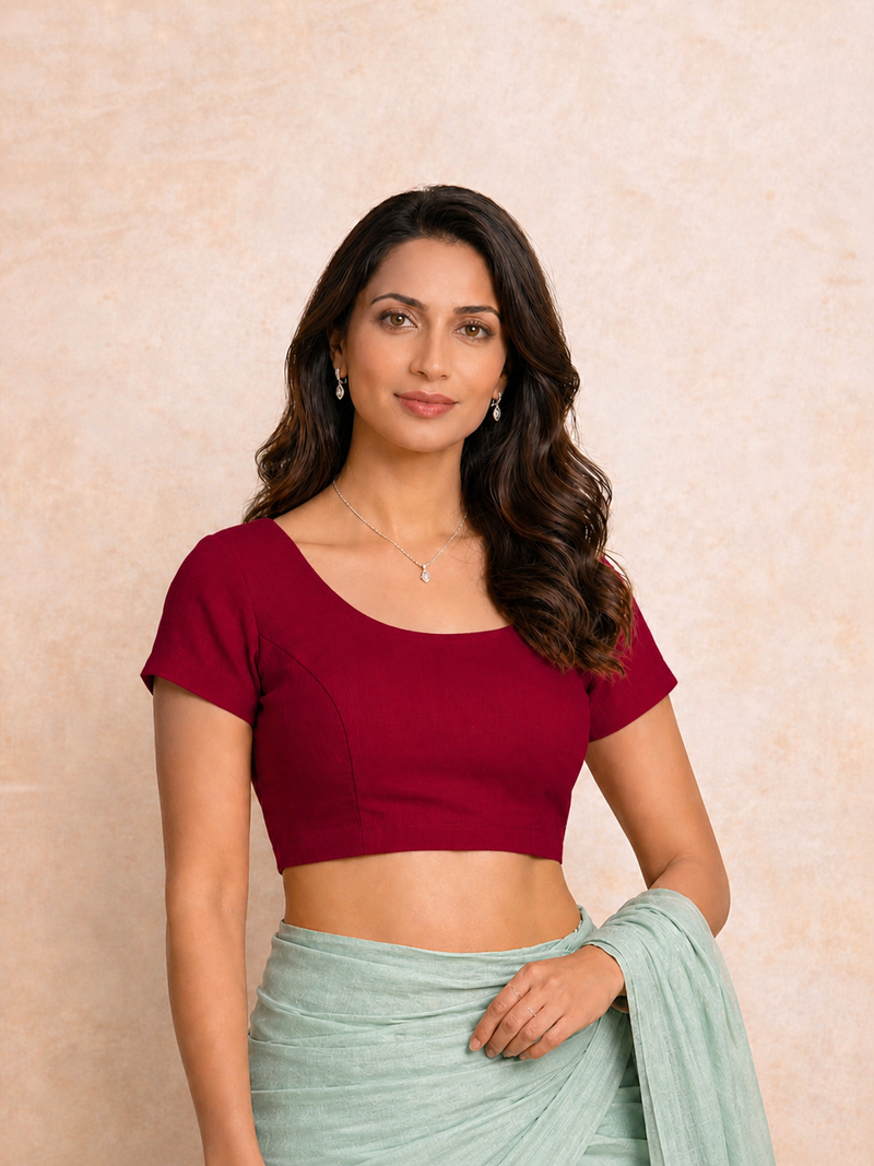 Tiasa | Short Sleeves Scarlet Red Rayon Lycra StretchFit™ Saree Blouse-Binks