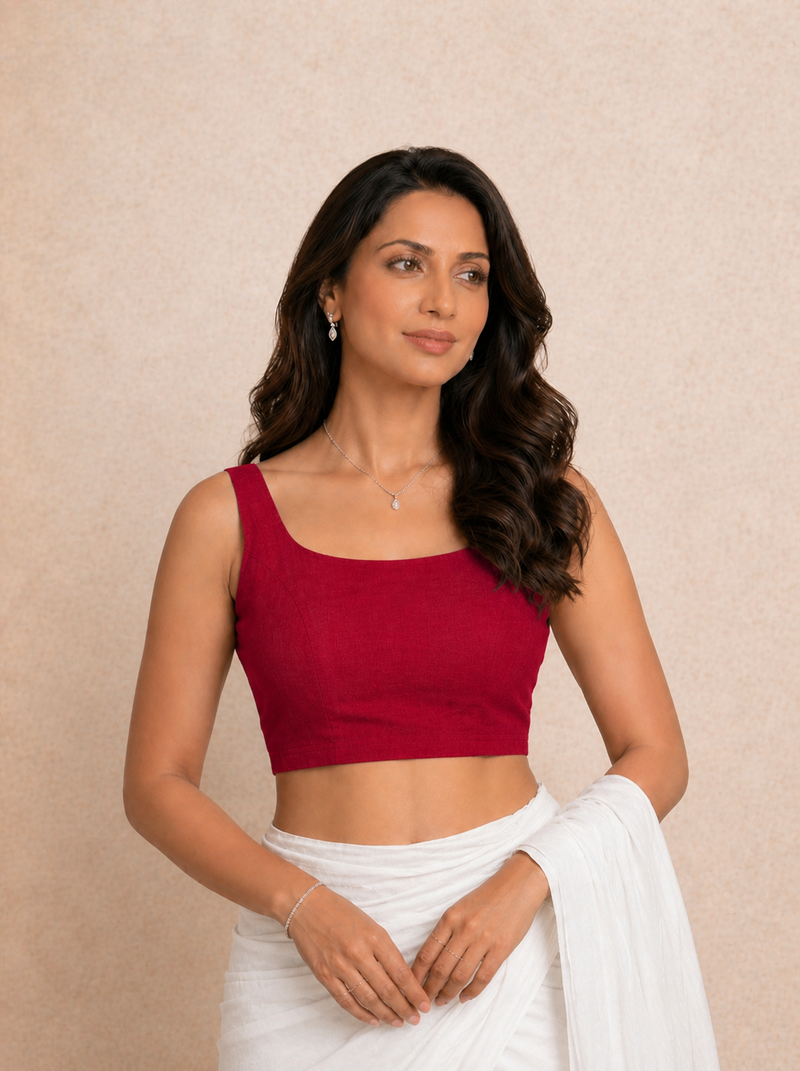 Tira | Sleeveless Cherry Red Rayon Lycra StretchFit™ Saree Blouse-Binks
