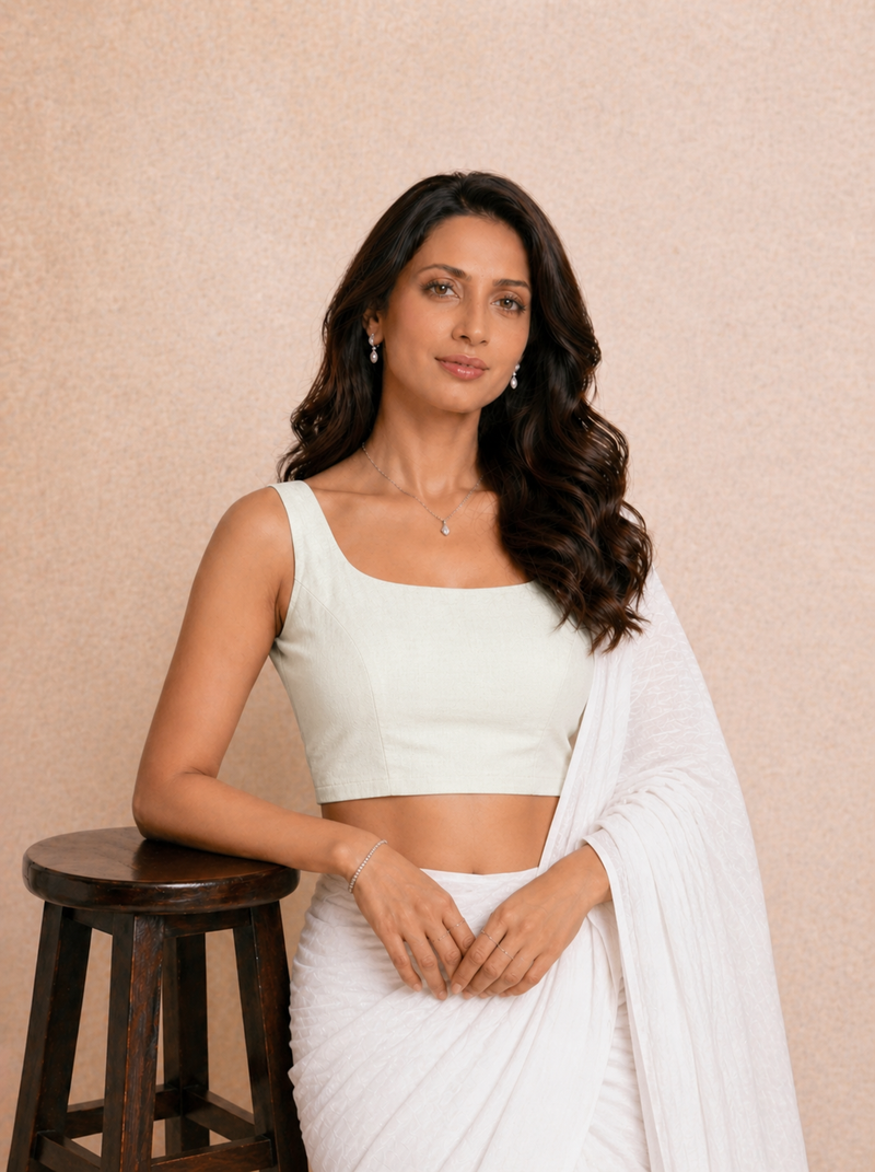 Tira | Sleeveless Eggshell White Rayon Lycra StretchFit™ Saree Blouse-Binks
