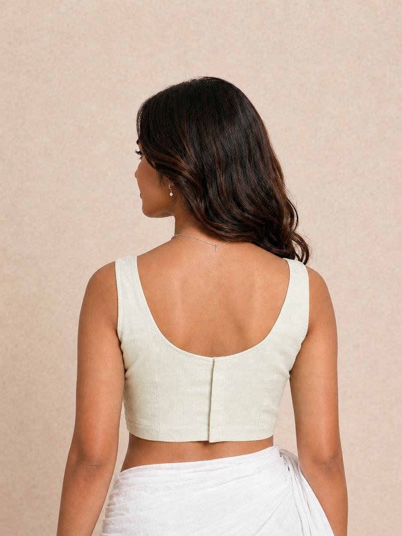 Tira | Sleeveless Eggshell White Rayon Lycra StretchFit™ Saree Blouse-Binks