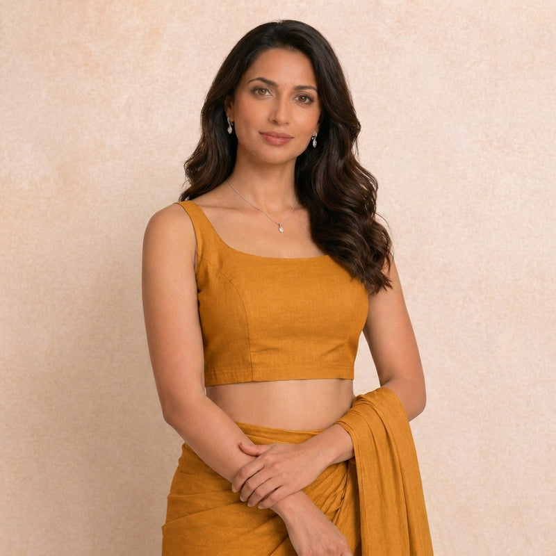 Tira | Sleeveless Marigold Orange Rayon Lycra StretchFit™ Saree Blouse-Binks