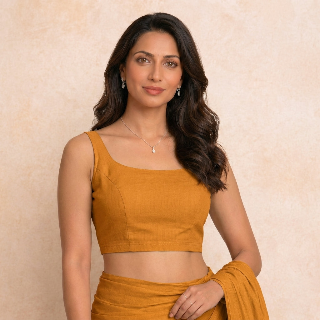 Tira Saree Blouse, in Orange Rayon Lycra, featuring sleeveless and scoop neckline, made for daily & work (view 4).