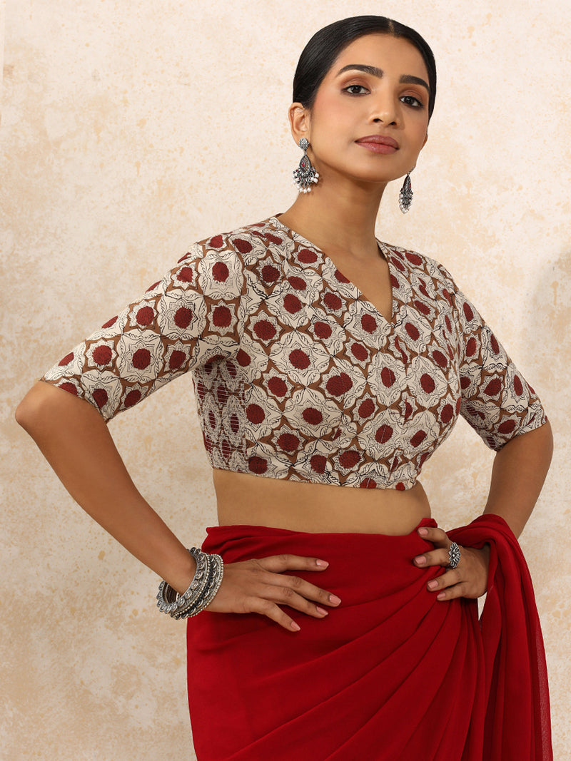 Tisha x Rozaana | Elbow Sleeves Saree Blouse in Red Dahlia Block Print Cotton-Binks