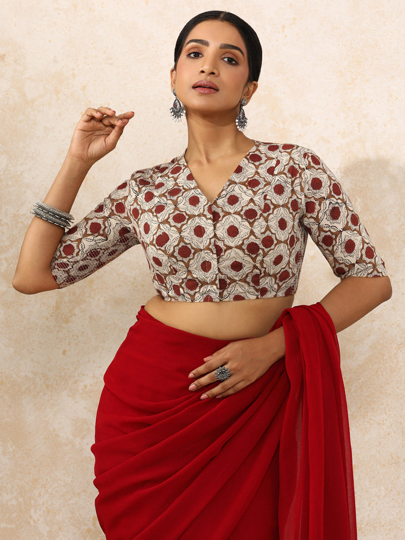 Tisha x Rozaana | Elbow Sleeves Saree Blouse in Red Dahlia Block Print Cotton-Binks