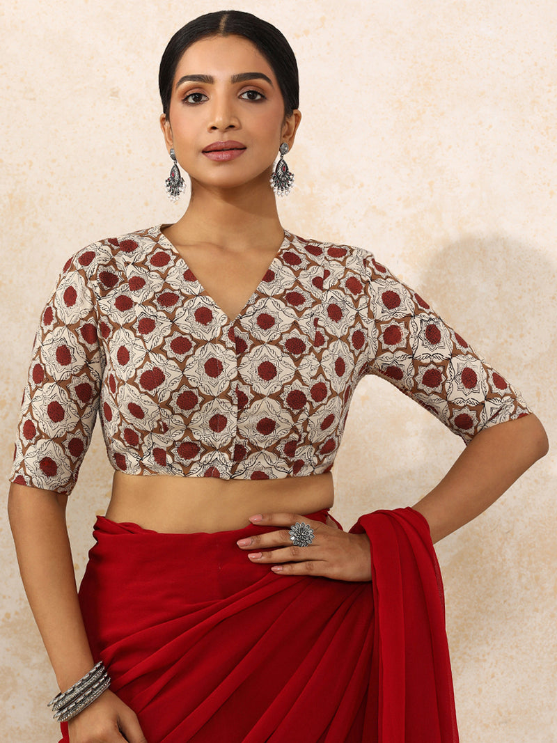 Tisha x Rozaana | Elbow Sleeves Saree Blouse in Red Dahlia Block Print Cotton-Binks