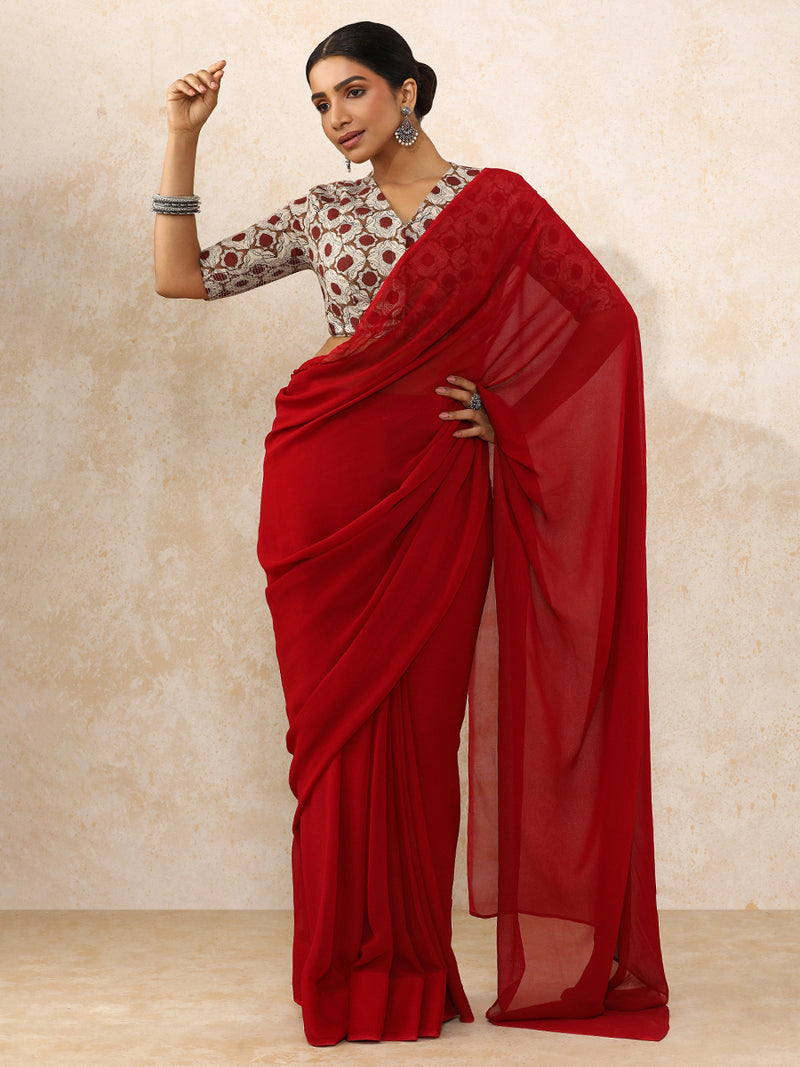 Tisha x Rozaana | Elbow Sleeves Saree Blouse in Red Dahlia Block Print Cotton-Binks