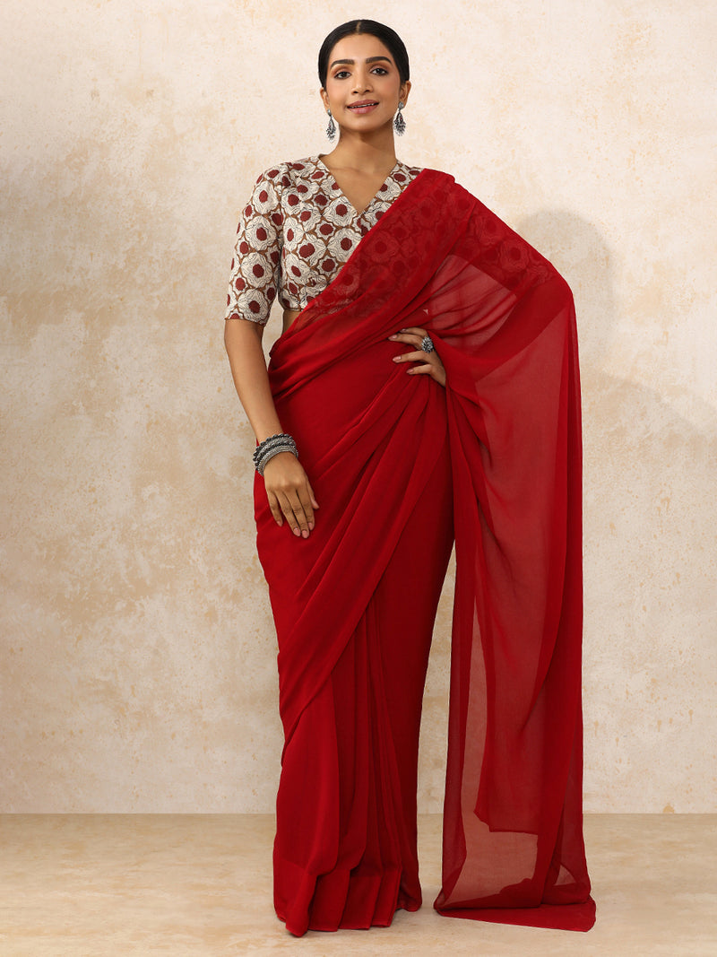 Tisha x Rozaana | Elbow Sleeves Saree Blouse in Red Dahlia Block Print Cotton-Binks