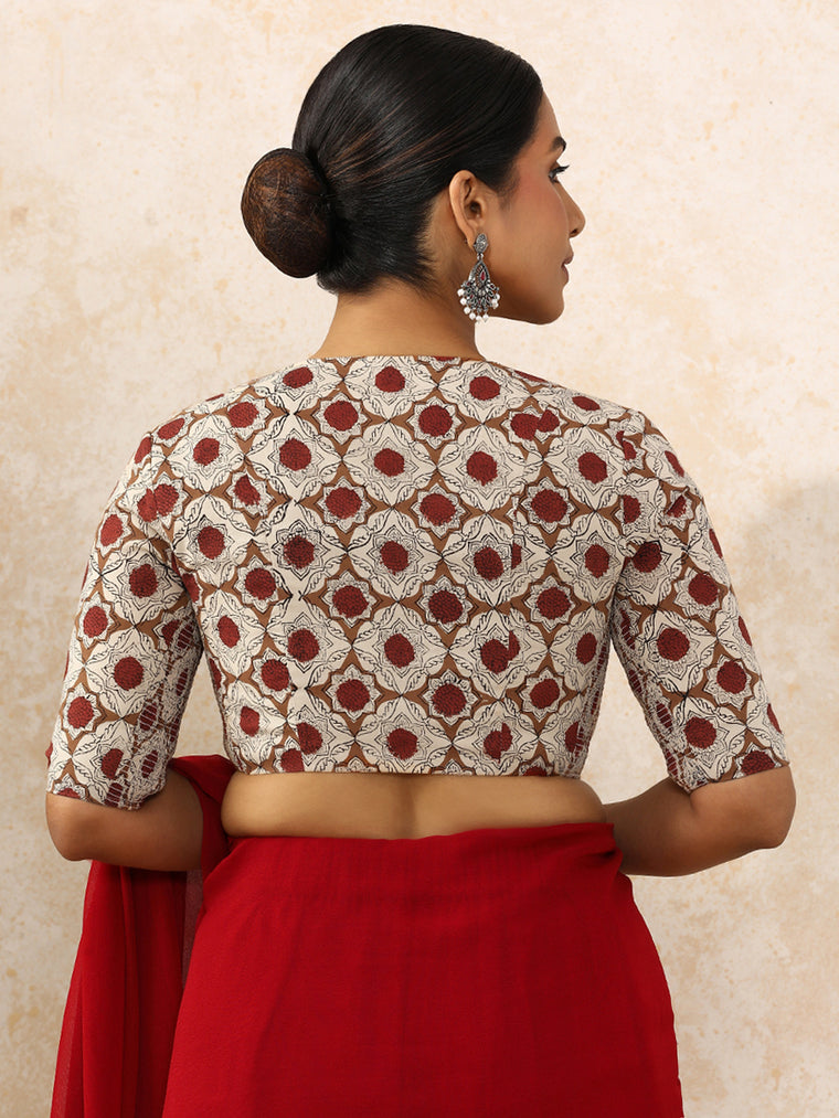 Tisha x Rozaana Saree Blouse, in Cream 100% Cotton - Block Printed, featuring elbow sleeves and v-neckline (view 2).