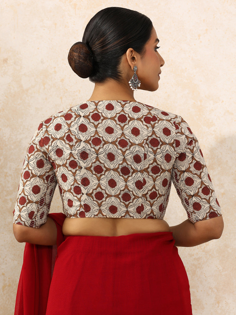Tisha x Rozaana | Elbow Sleeves Saree Blouse in Red Dahlia Block Print Cotton-Binks