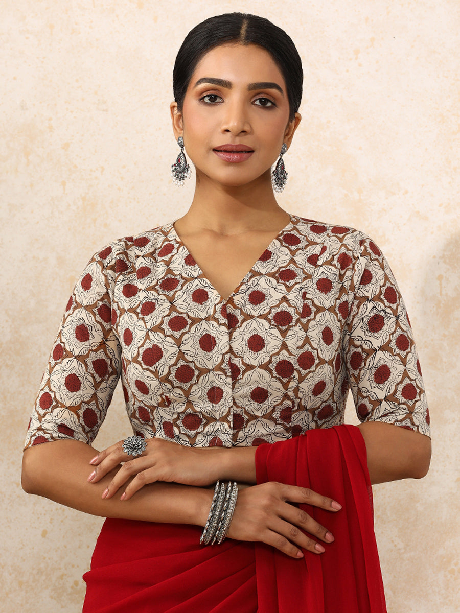 Tisha x Rozaana Saree Blouse, in Cream 100% Cotton - Block Printed, featuring elbow sleeves and v-neckline (view 6).