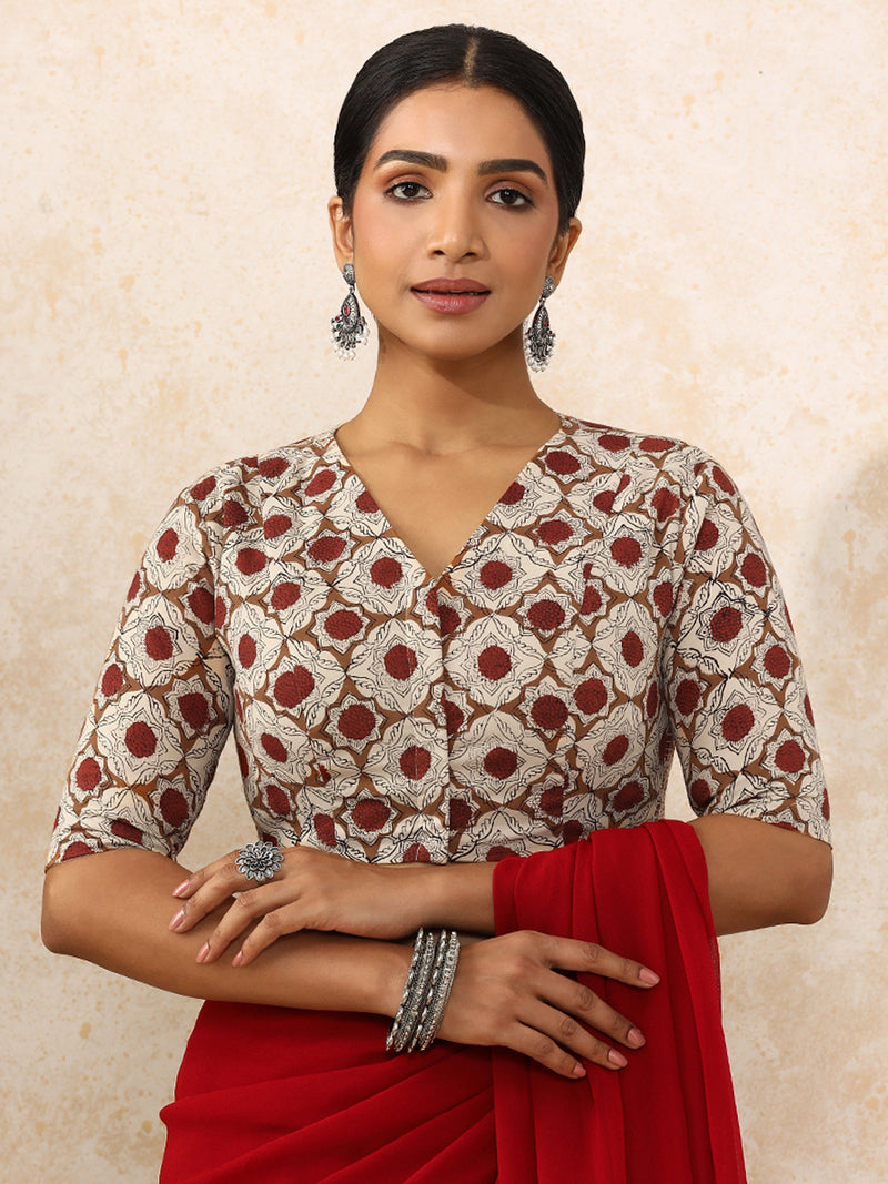 Tisha x Rozaana | Elbow Sleeves Saree Blouse in Red Dahlia Block Print Cotton-Binks