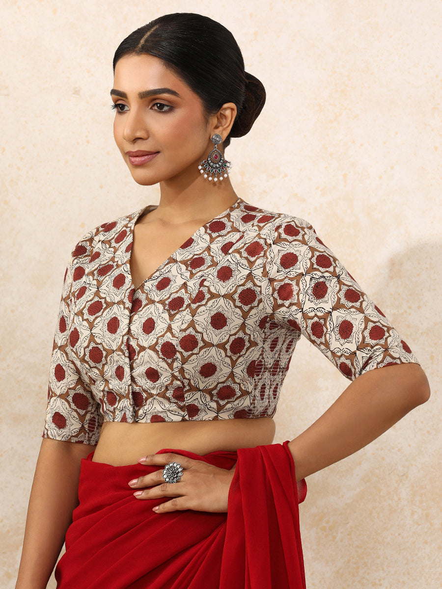 Tisha x Rozaana Saree Blouse, in Cream 100% Cotton - Block Printed, featuring elbow sleeves and v-neckline (view 8).