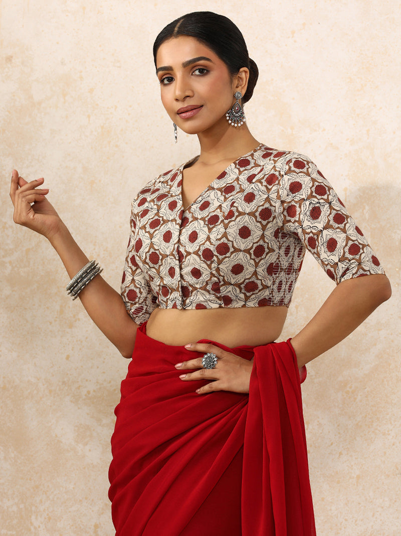 Tisha x Rozaana | Elbow Sleeves Saree Blouse in Red Dahlia Block Print Cotton-Binks