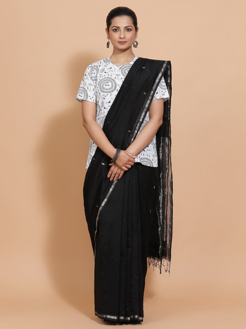 Tithi x Rozaana | Short Sleeves Cotton Saree Blouse in White Warli Print Fabric-Binks