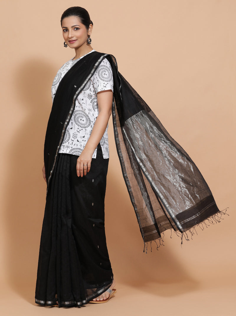 Tithi x Rozaana | Short Sleeves Cotton Saree Blouse in White Warli Print Fabric-Binks