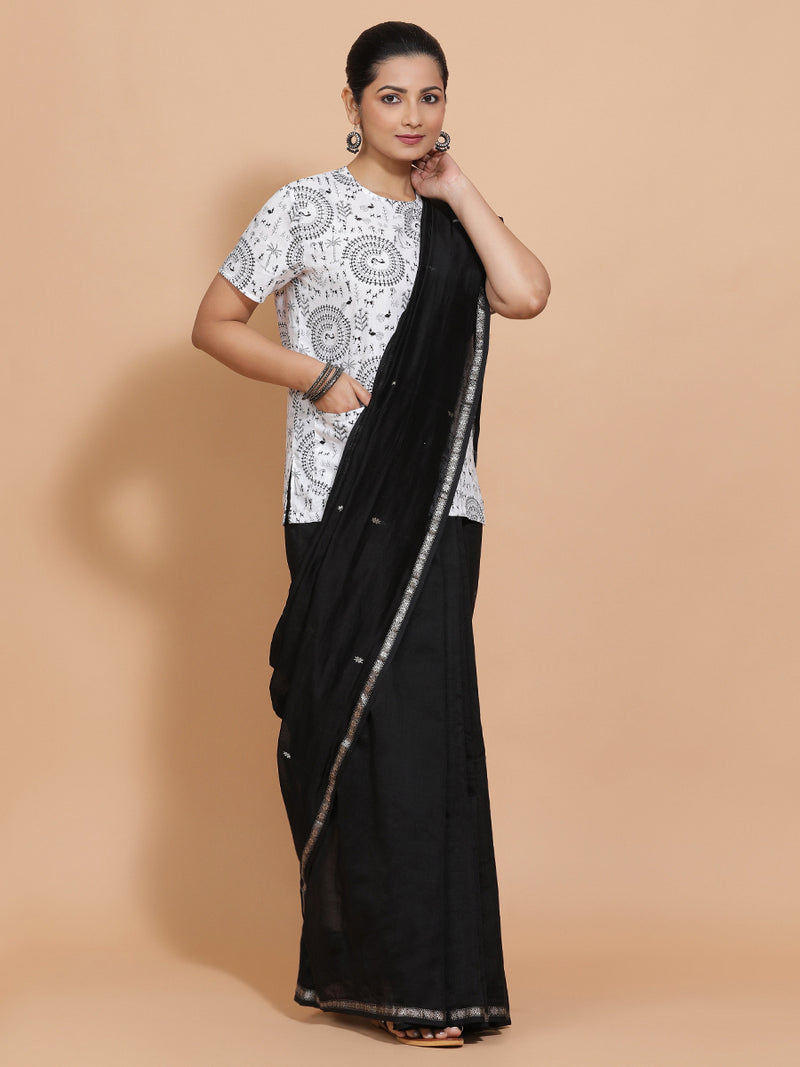 Tithi x Rozaana | Short Sleeves Cotton Saree Blouse in White Warli Print Fabric-Binks