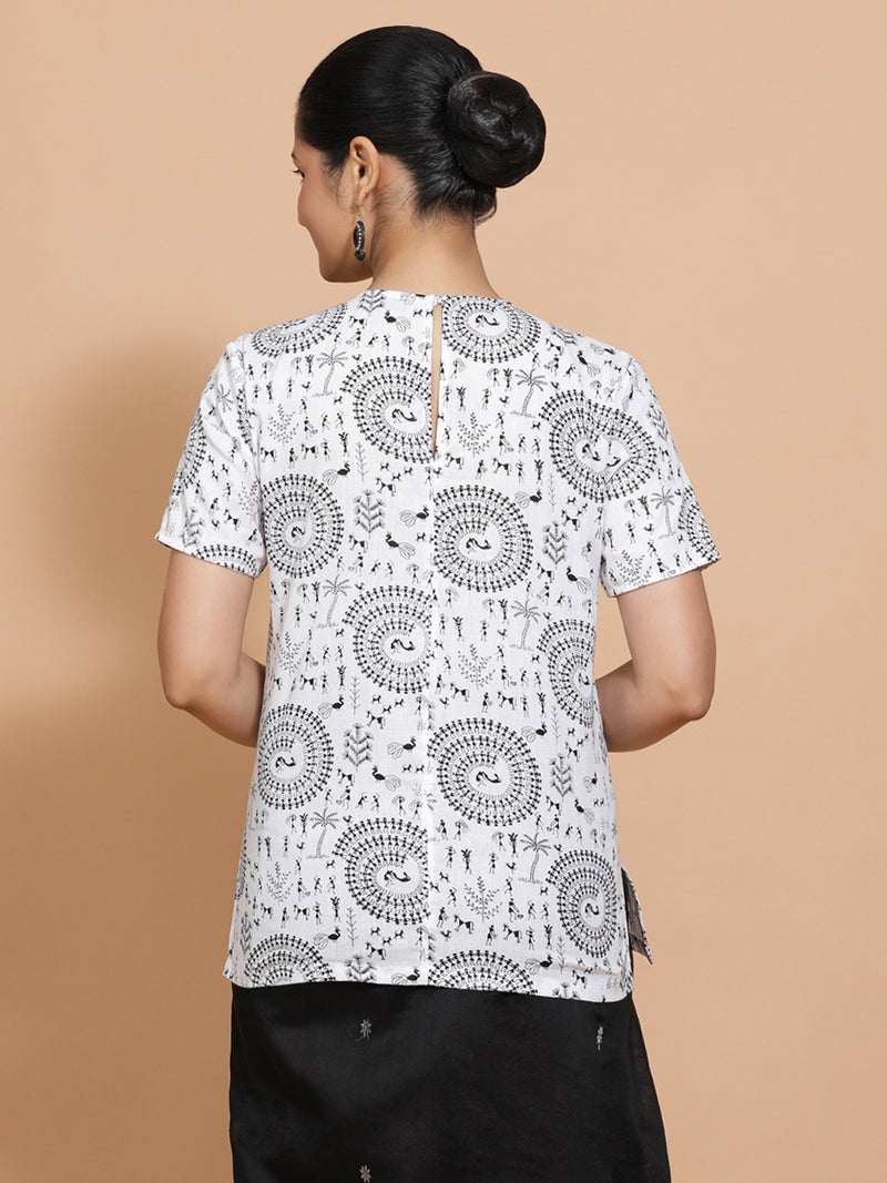 Tithi x Rozaana | Short Sleeves Cotton Saree Blouse in White Warli Print Fabric-Binks