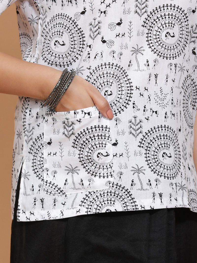 Tithi x Rozaana | Short Sleeves Cotton Saree Blouse in White Warli Print Fabric-Binks