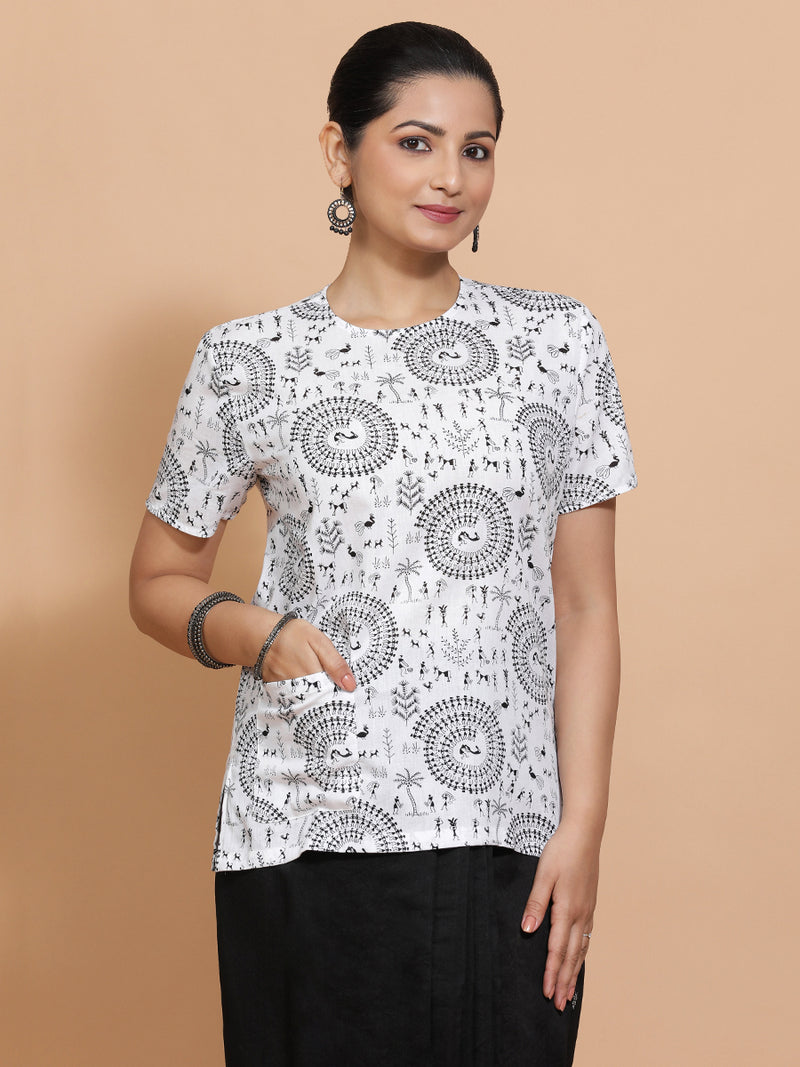 Tithi x Rozaana | Short Sleeves Cotton Saree Blouse in White Warli Print Fabric-Binks