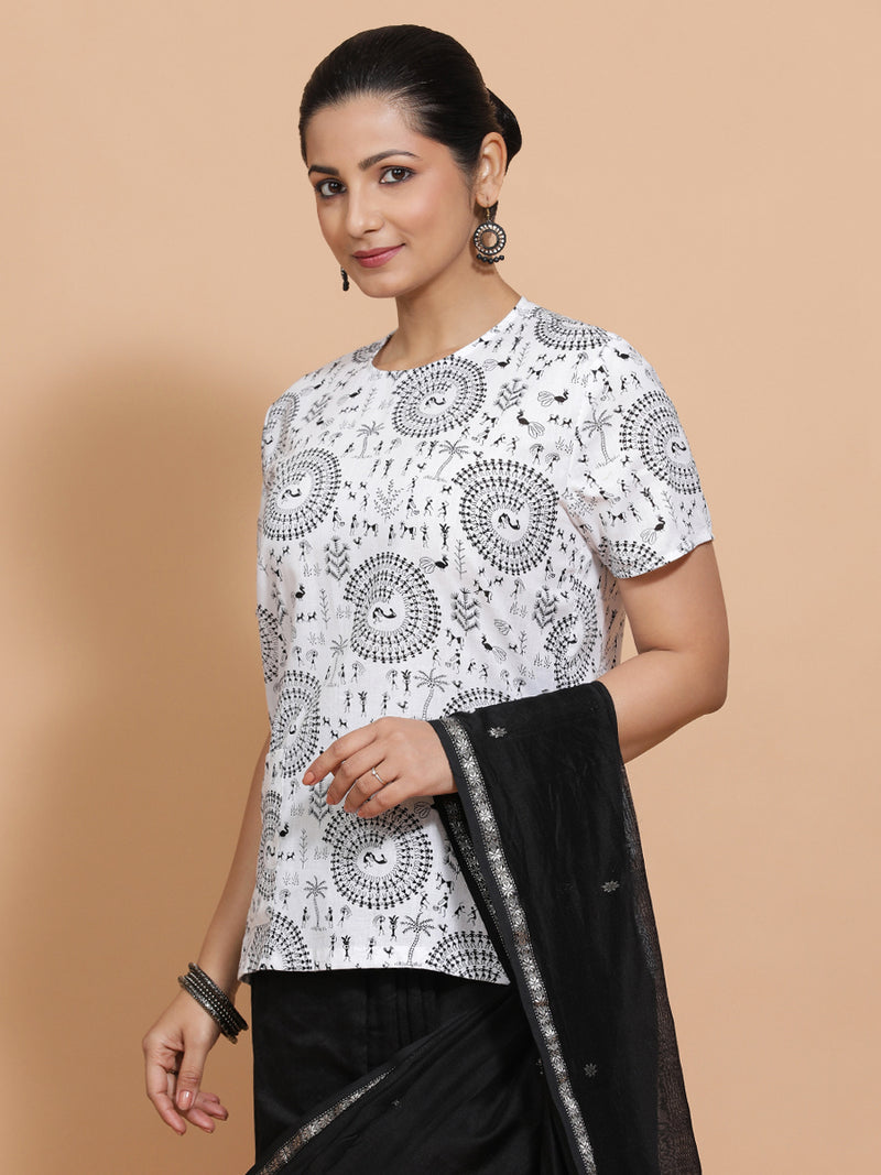 Tithi x Rozaana | Short Sleeves Cotton Saree Blouse in White Warli Print Fabric-Binks