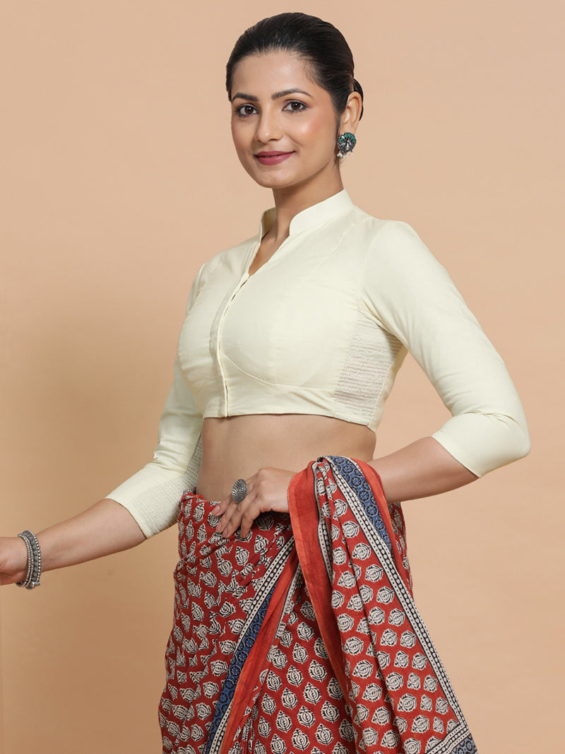 Tripti x Rozaana | Jewel Neck Saree Blouse in Chalk White Linen-Binks