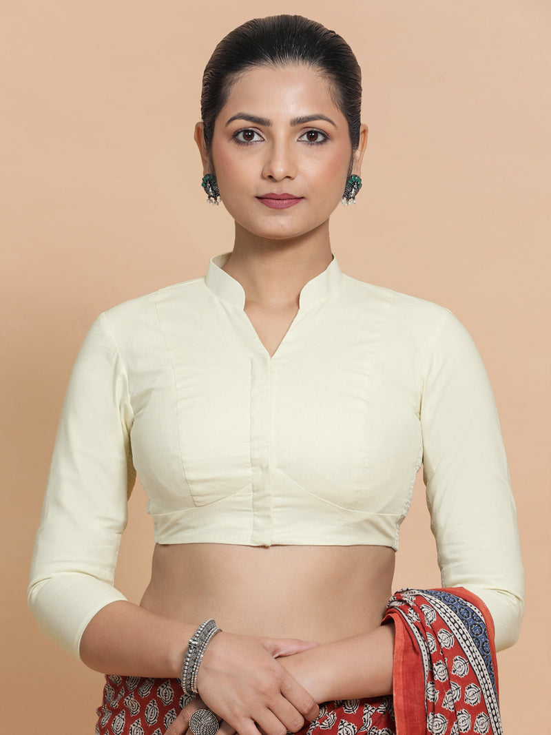 Tripti x Rozaana | Jewel Neck Saree Blouse in Chalk White Linen-Binks