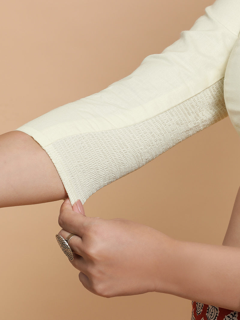 Tripti x Rozaana | Jewel Neck Saree Blouse in Chalk White Linen-Binks