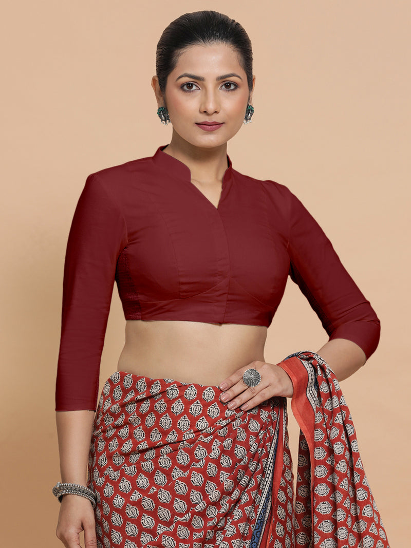 Tripti x Rozaana | Jewel Neck Saree Blouse in Cranberry Red Linen-Binks