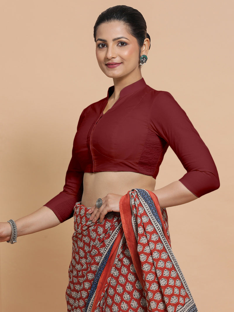 Tripti x Rozaana | Jewel Neck Saree Blouse in Cranberry Red Linen-Binks