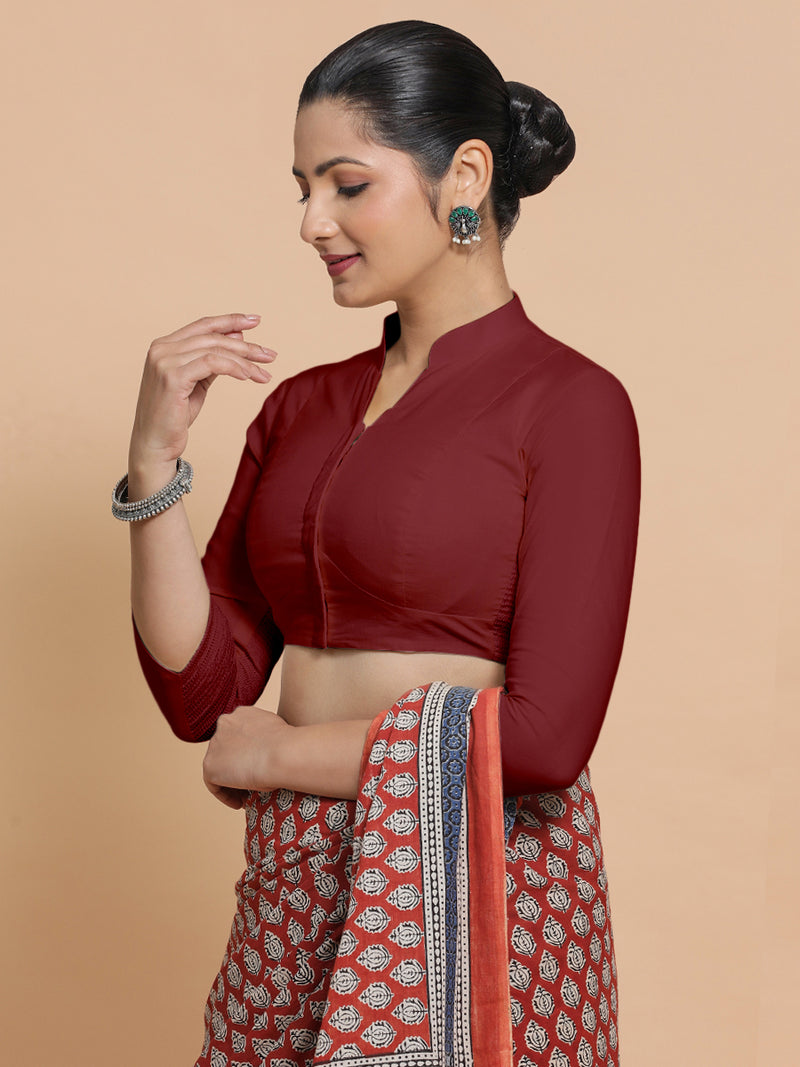 Tripti x Rozaana | Jewel Neck Saree Blouse in Cranberry Red Linen-Binks