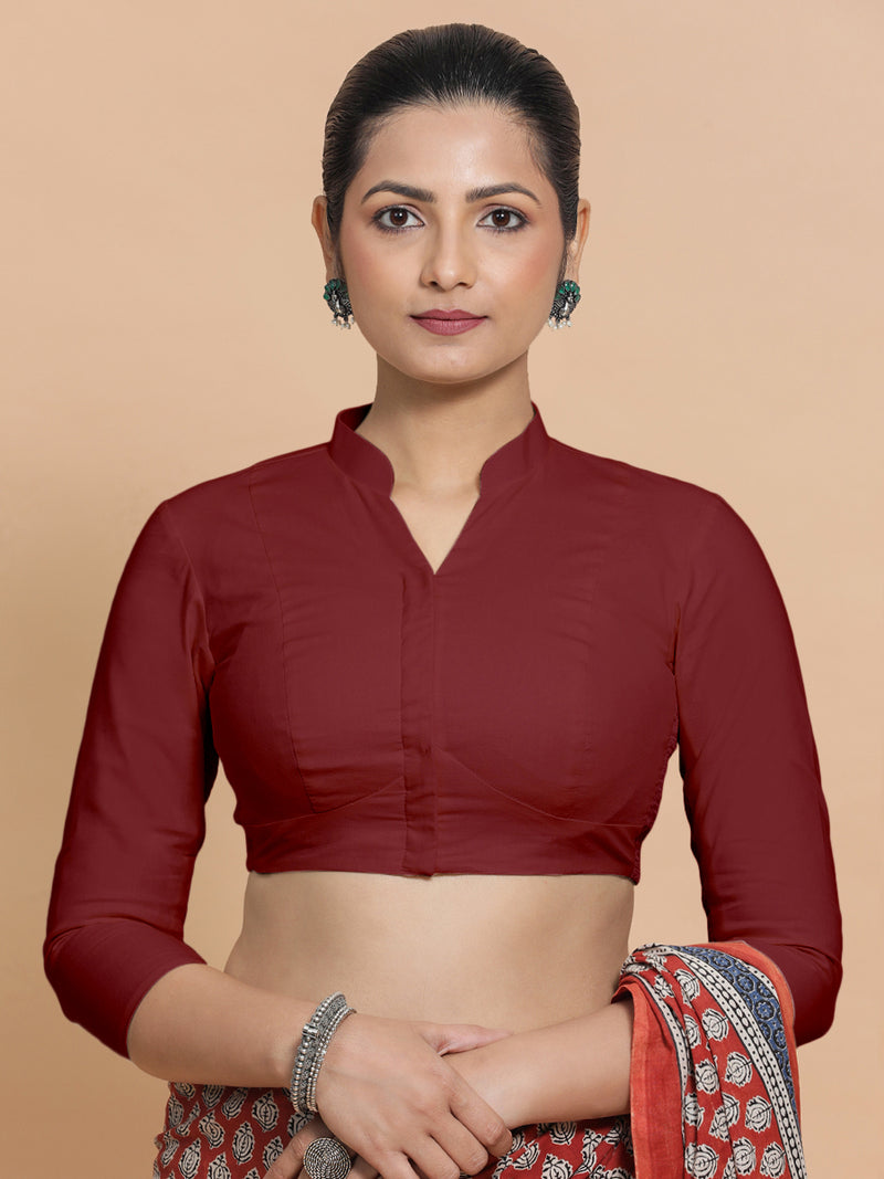 Tripti x Rozaana | Jewel Neck Saree Blouse in Cranberry Red Linen-Binks