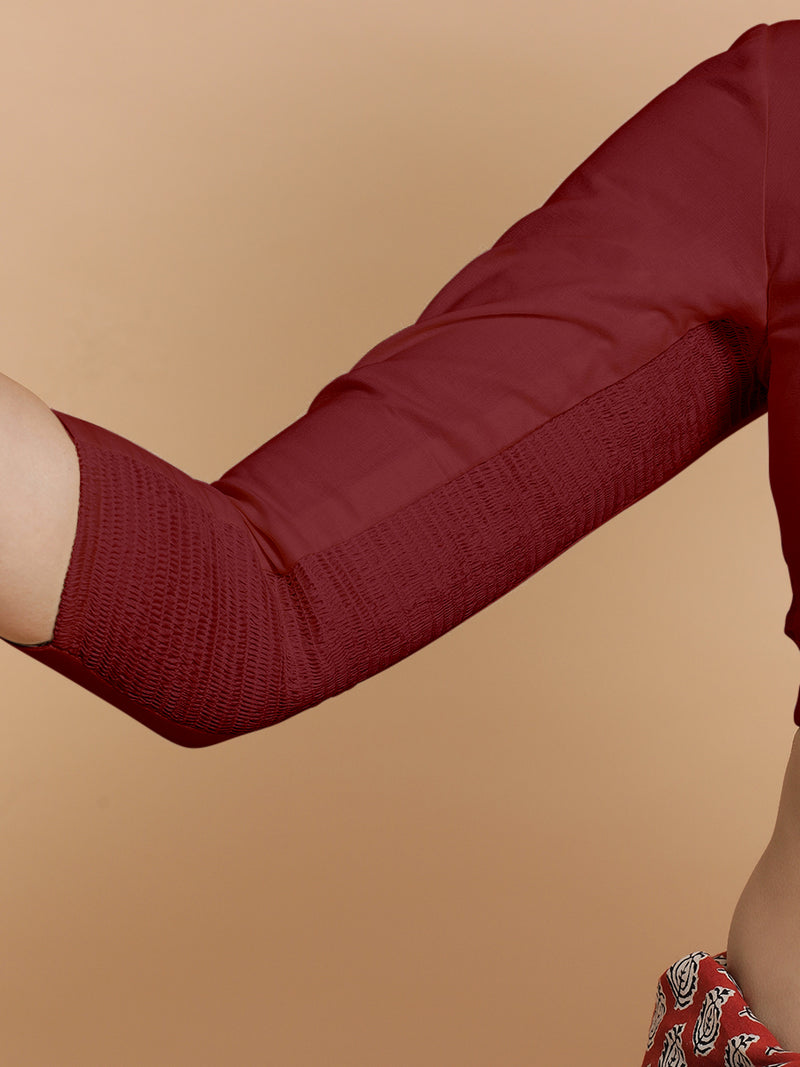 Tripti x Rozaana | Jewel Neck Saree Blouse in Cranberry Red Linen-Binks