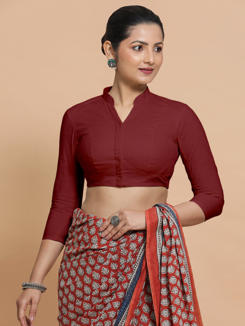 Tripti x Rozaana | Jewel Neck Saree Blouse in Cranberry Red Linen-Binks