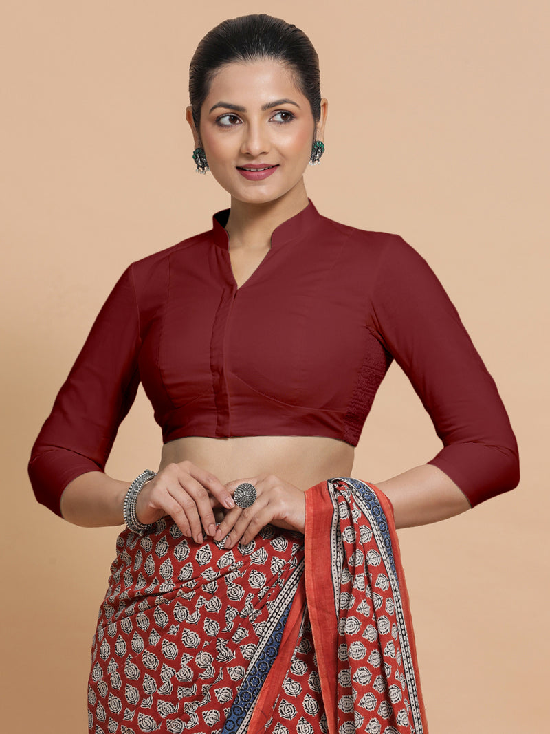 Tripti x Rozaana | Jewel Neck Saree Blouse in Cranberry Red Linen-Binks