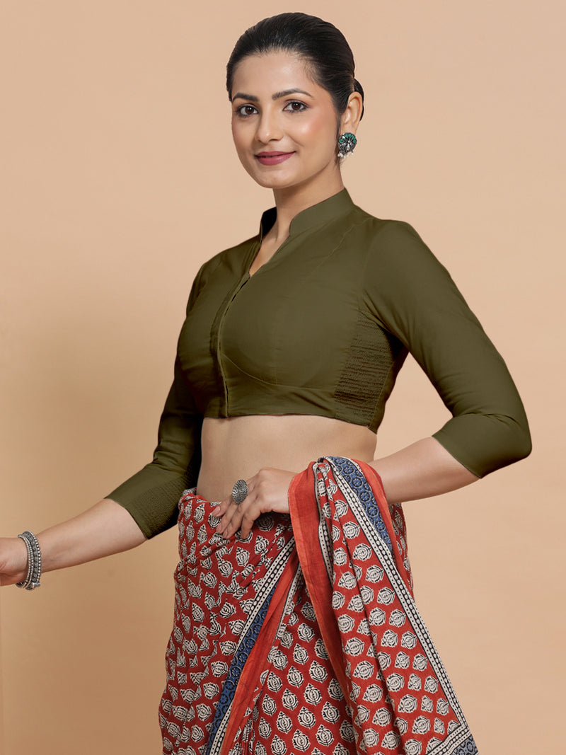 Tripti x Rozaana | Jewel Neck Saree Blouse in Deep Olive Green Linen-Binks