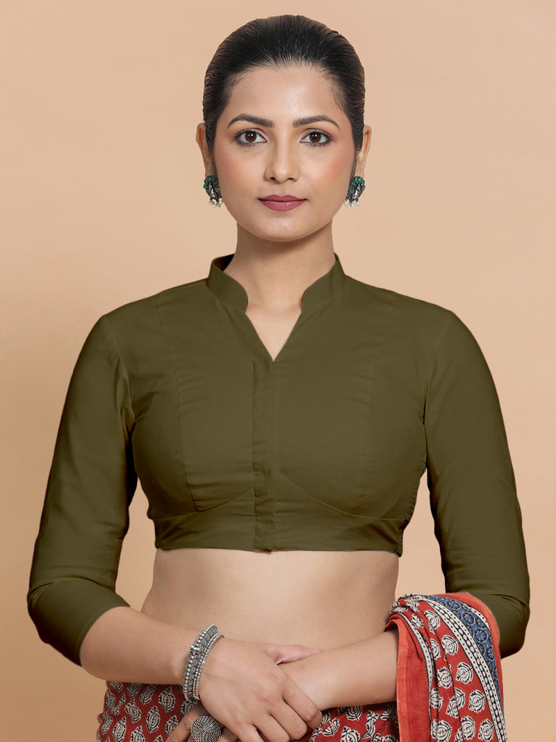 Tripti x Rozaana | Jewel Neck Saree Blouse in Deep Olive Green Linen-Binks