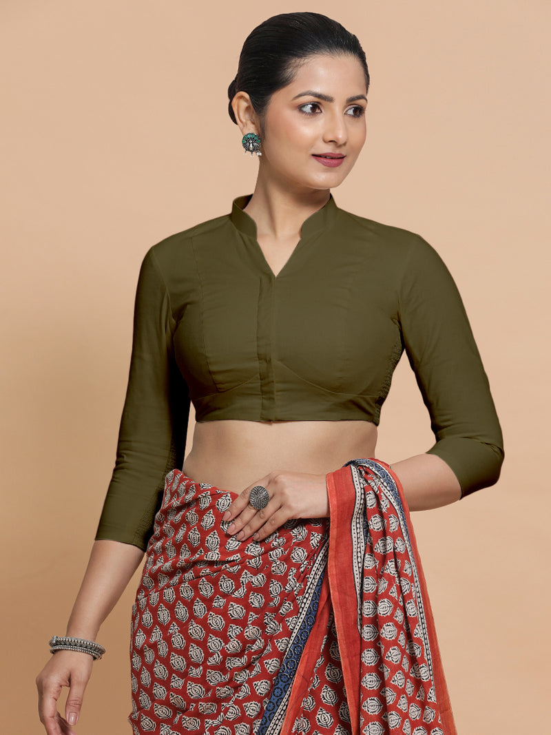 Tripti x Rozaana | Jewel Neck Saree Blouse in Deep Olive Green Linen-Binks