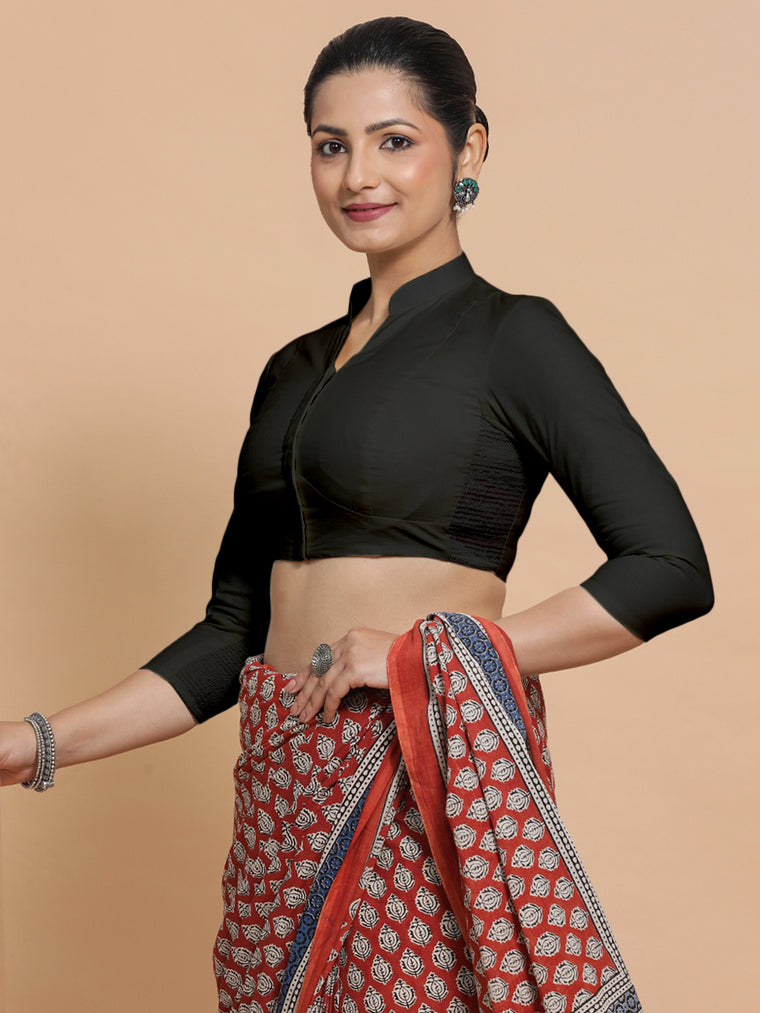 Tripti x Rozaana Saree Blouse, in Black Linen, featuring three quarter sleeves and mandarin collar neckline.