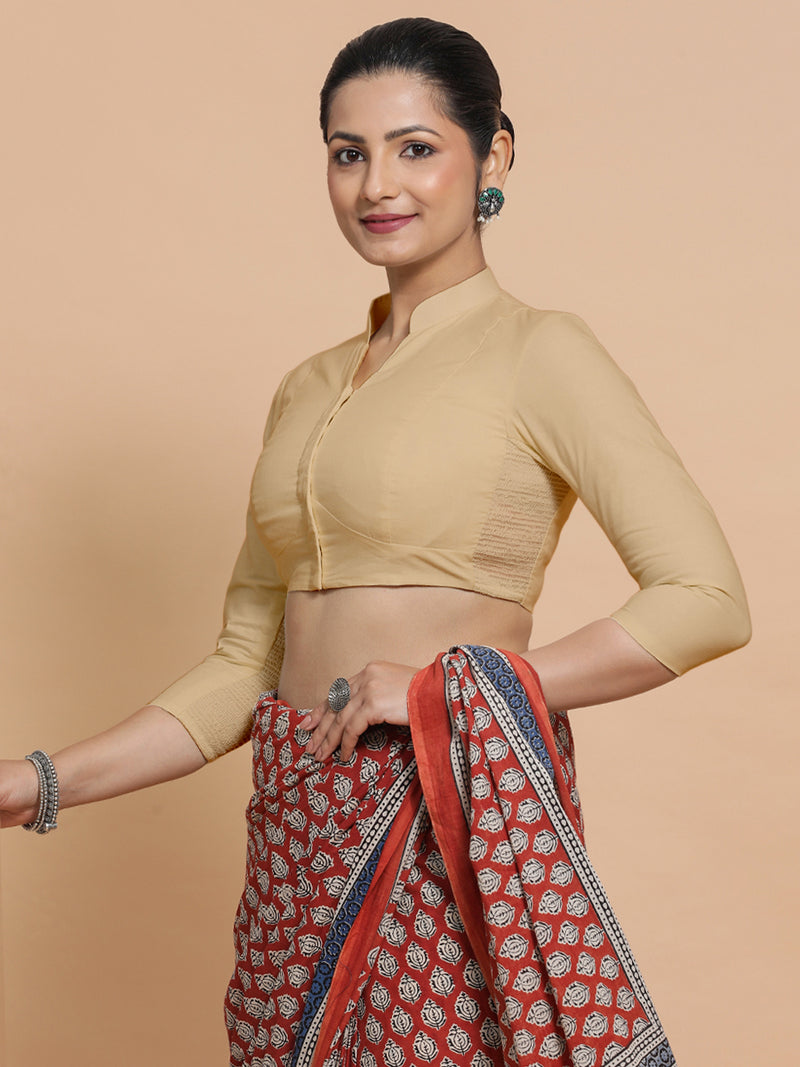 Tripti x Rozaana | Jewel Neck Saree Blouse in Ecru Beige Linen-Binks