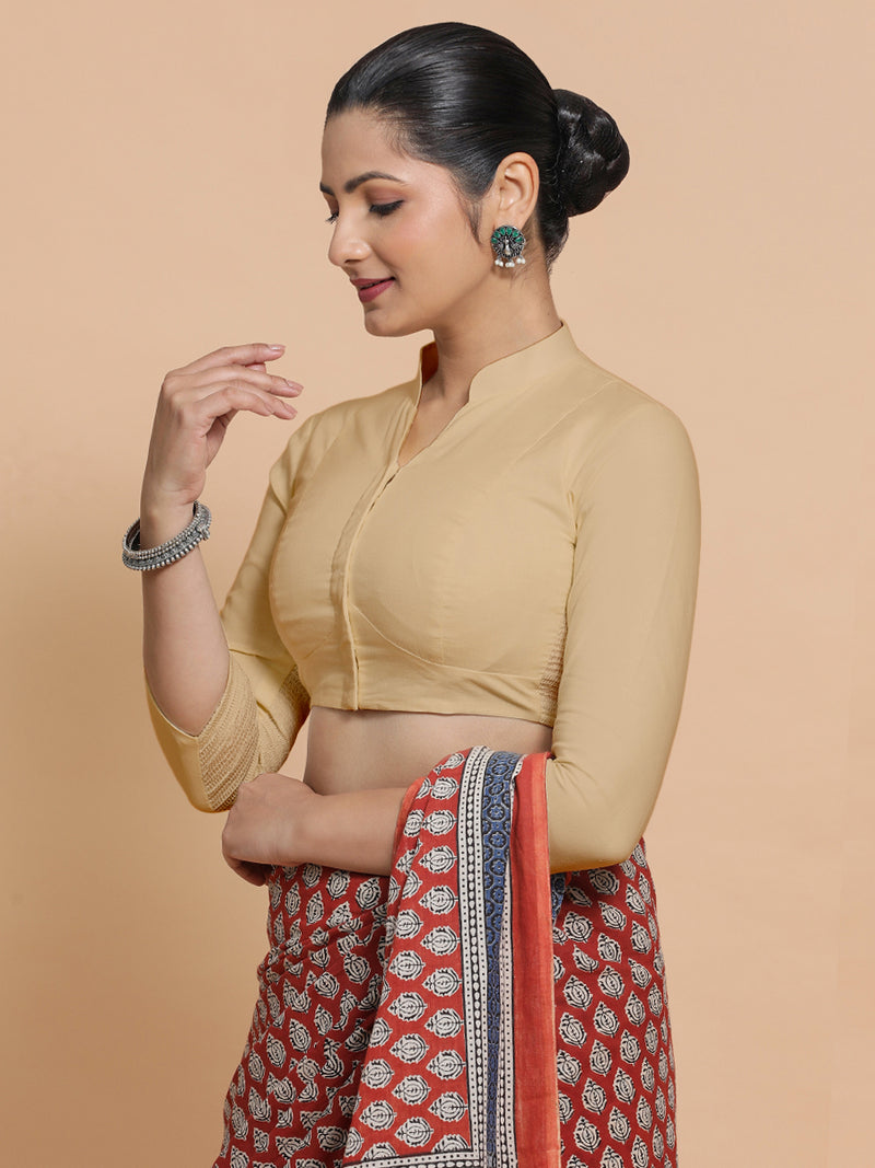 Tripti x Rozaana | Jewel Neck Saree Blouse in Ecru Beige Linen-Binks