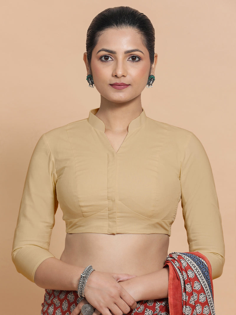 Tripti x Rozaana | Jewel Neck Saree Blouse in Ecru Beige Linen-Binks