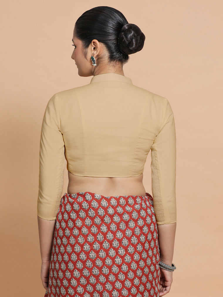 Tripti x Rozaana Saree Blouse, in Beige Linen, featuring three quarter sleeves and mandarin collar neckline (view 2).